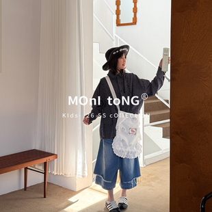 MONI 格子花边宽松衬衫/阔腿假两件毛边八分牛仔裤