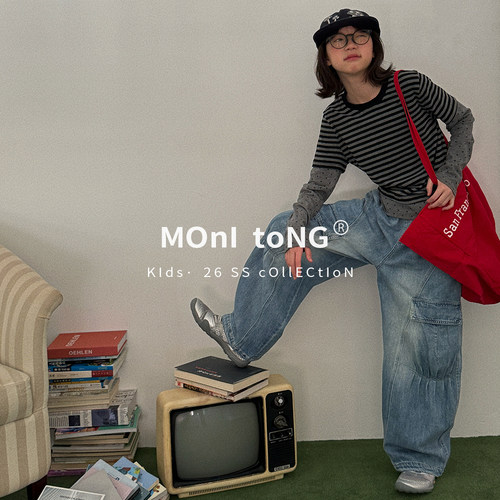 MONI 波点条纹拼接假两件修身款T恤