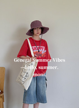 MONI 红色做旧印花T恤/浅色口袋牛仔中裤