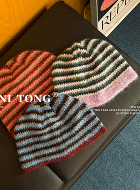 MONI 三色条纹兔毛针织包头帽