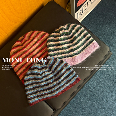 MONI 三色条纹兔毛针织包头帽