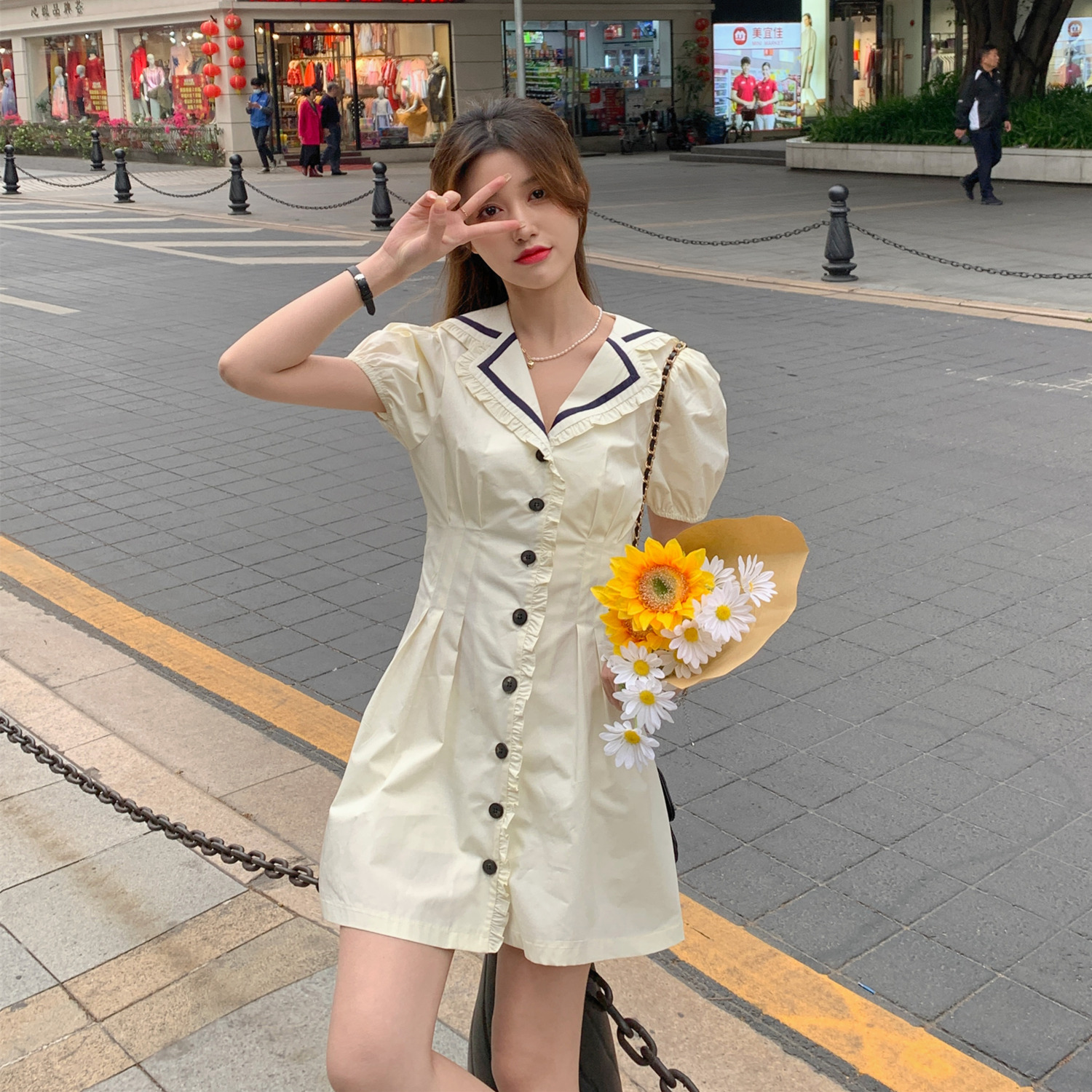 Real shot real price waist show thin Navy collar bubble sleeve gentle academy style dress summer