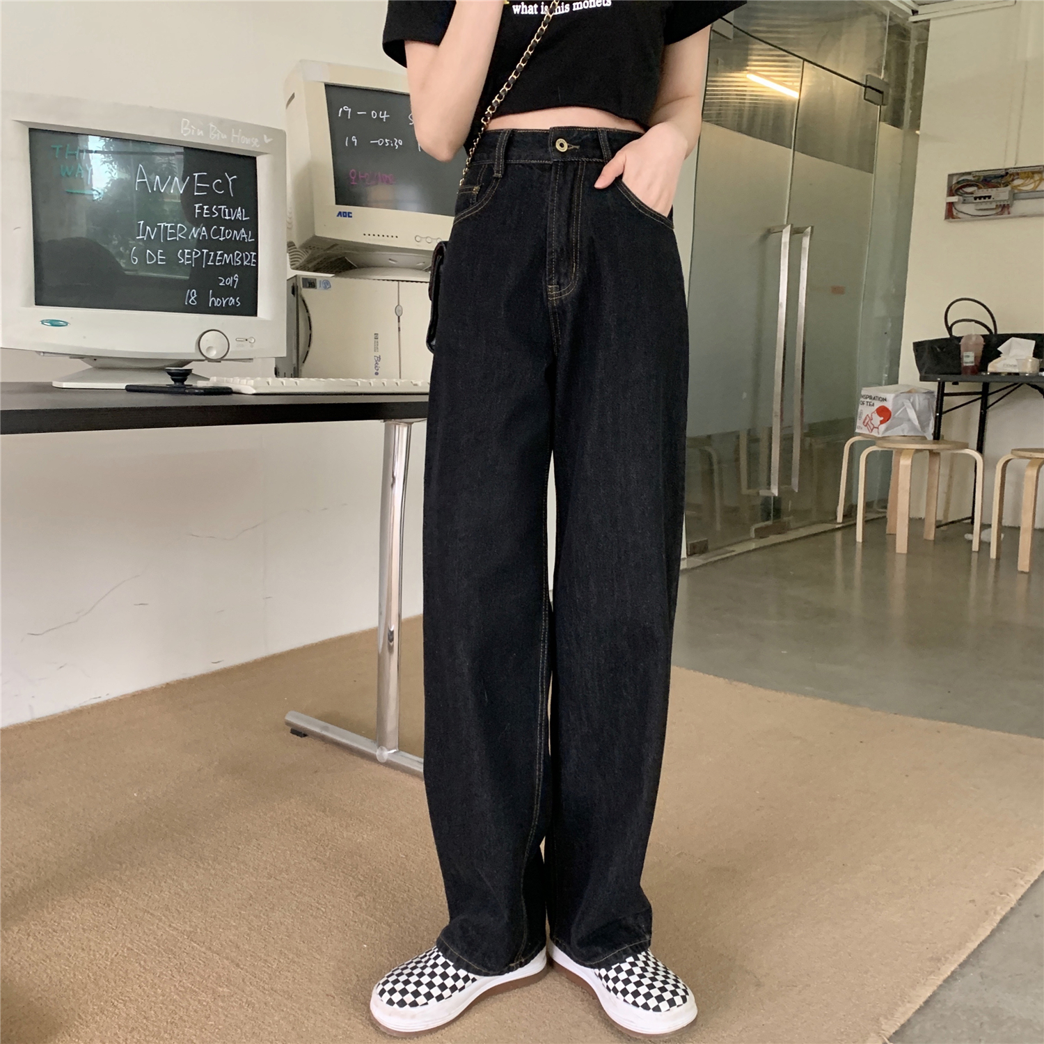 Real price black straight tube wide leg jeans women's loose high waist thin versatile floor pants