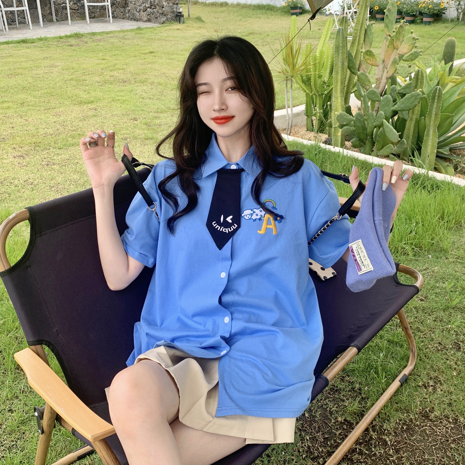 Real price ~ embroidered Polo neck short sleeve shirt women BF style loose college style half sleeve T-shirt