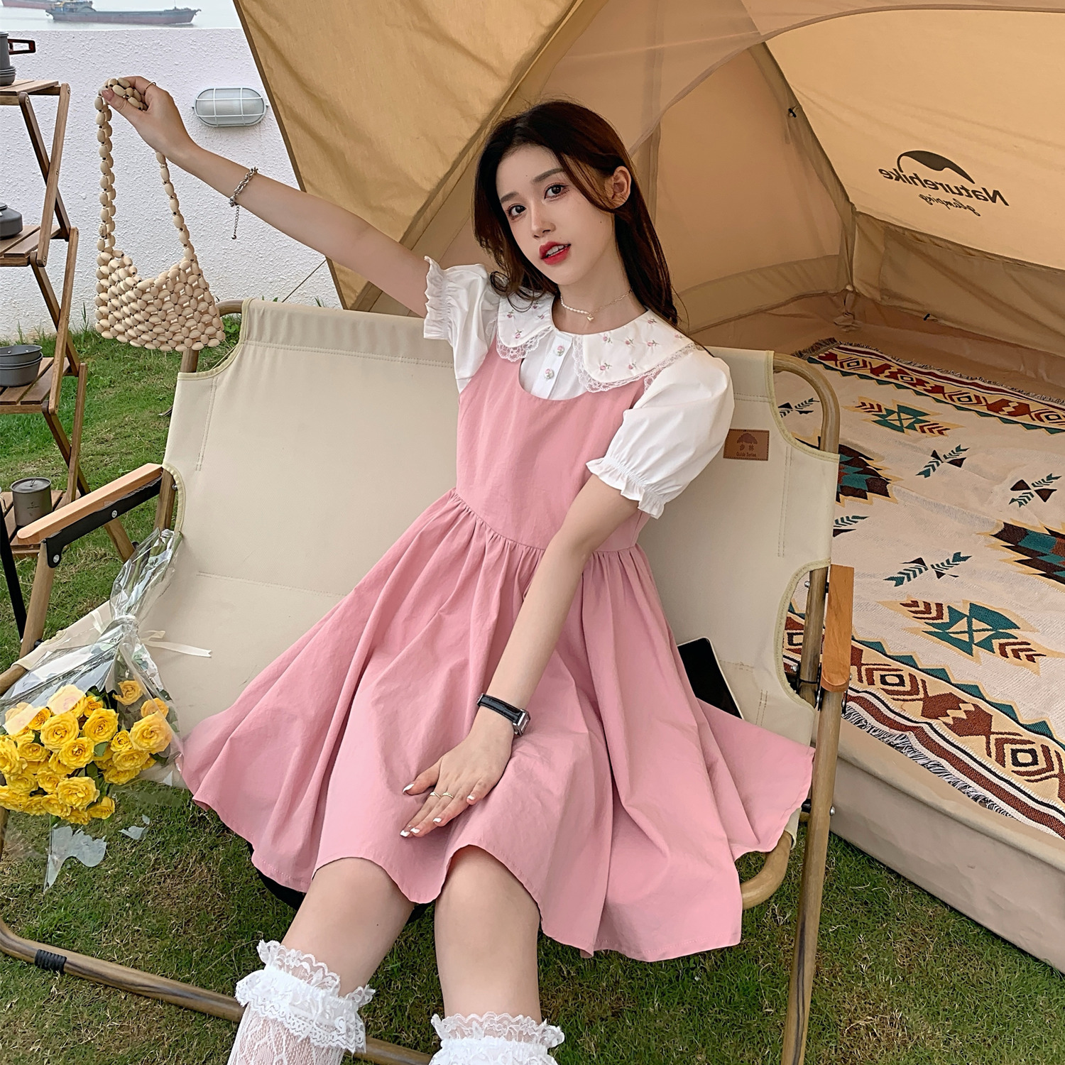 Real price ~ Baby collar short sleeve shirt women's design sense niche Top + gentle strap dress