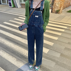 Real price ~ denim suspenders women's Korean version loose and versatile straight tube age reducing sweet cool tooling wide leg pants