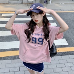 Real price ~ loose American retro printing short sleeve Hoodie T-shirt women's Hoodie Top