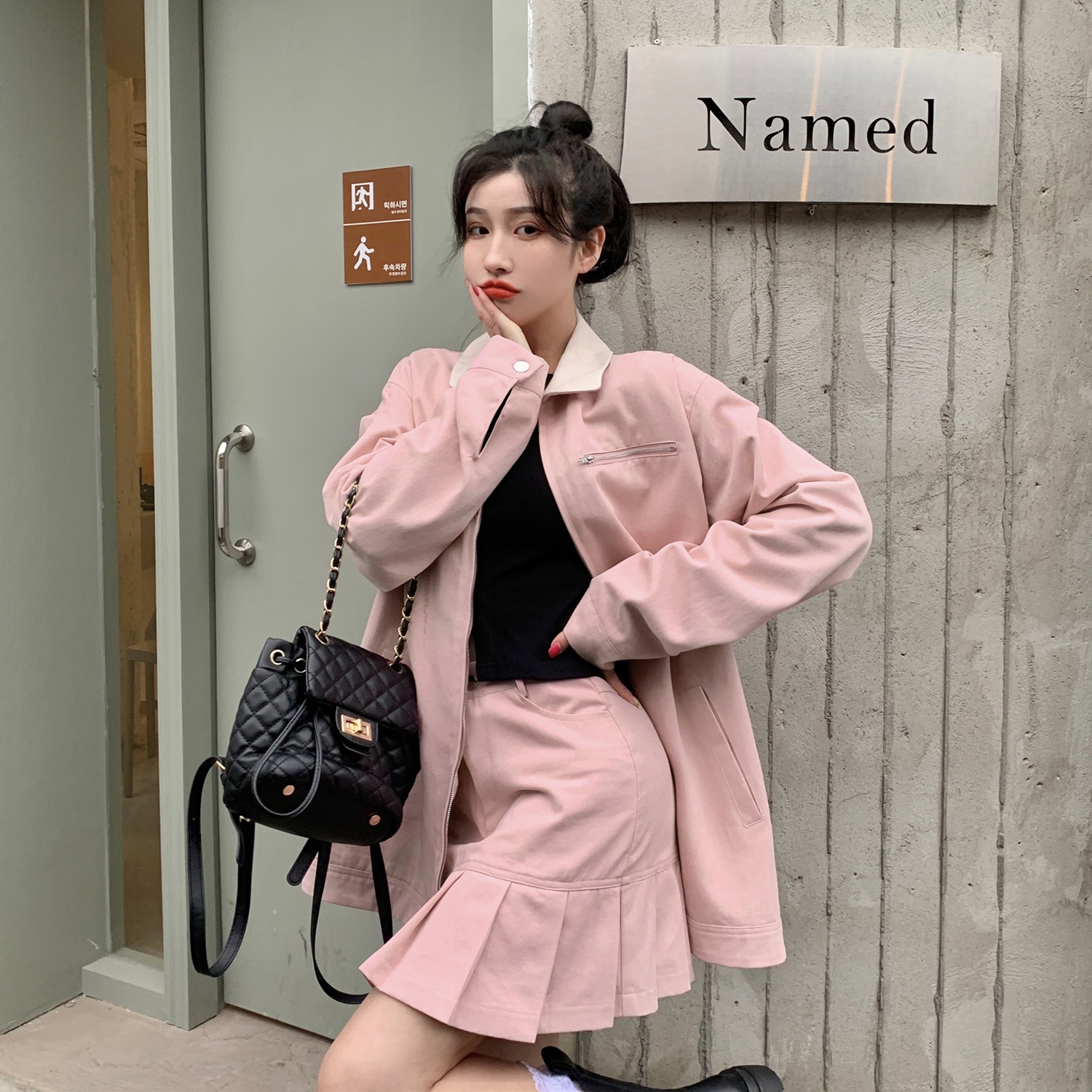 Real price ~ Pink 2-color loose canvas jacket jacket pleated skirt fashion suit