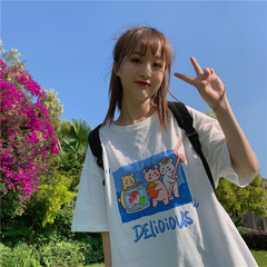 Real price Korean loose cute fun bear print round neck Short Sleeve T-Shirt Top