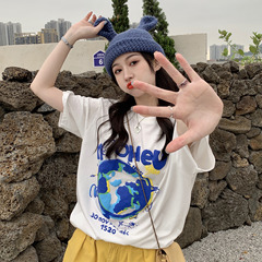 Real shot real price ~ loose American retro three-dimensional earth foam printing round neck short sleeve T-shirt trendy girl