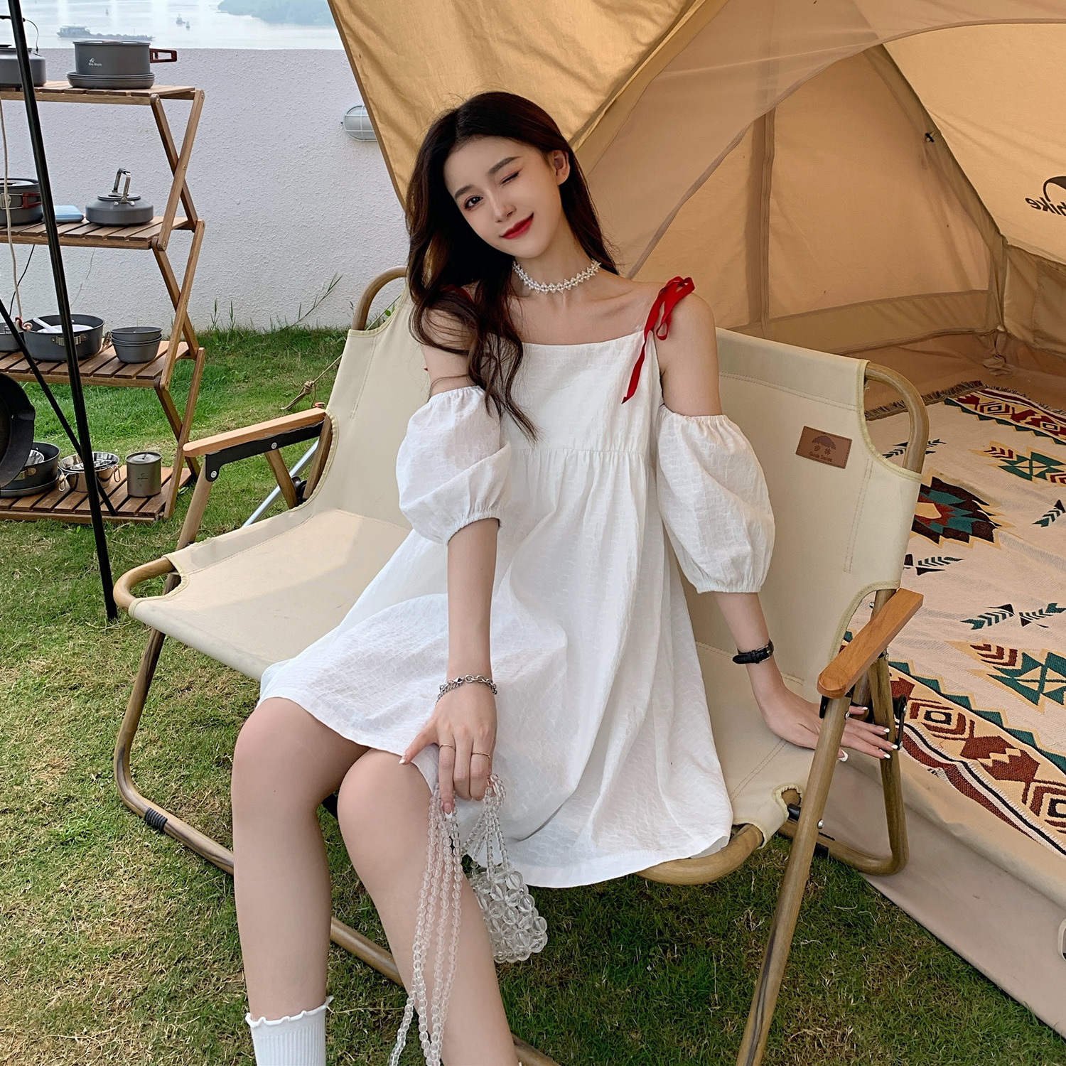 Real price ~ design feeling two dresses with cotton and hemp Suspenders