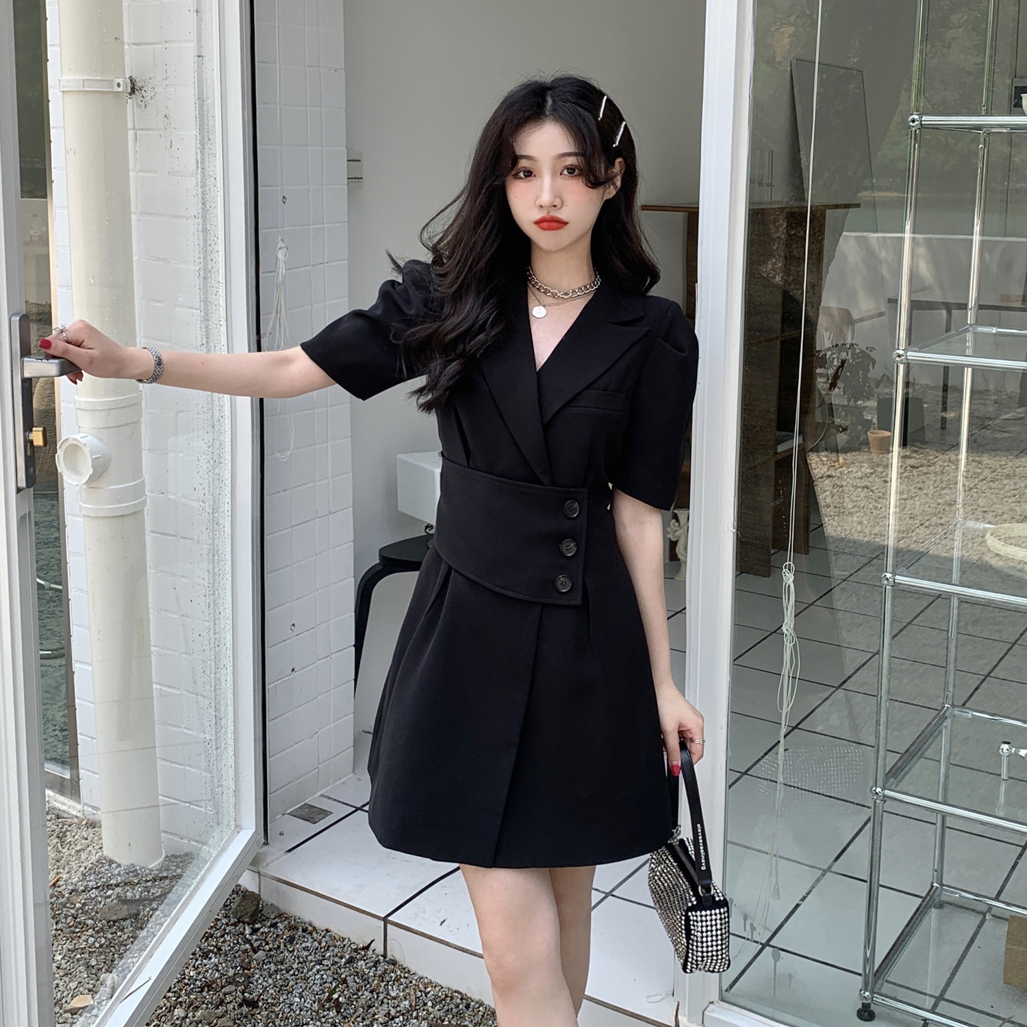 Real price design sense Hepburn style French waist down show thin temperament suit Short Sleeve Dress