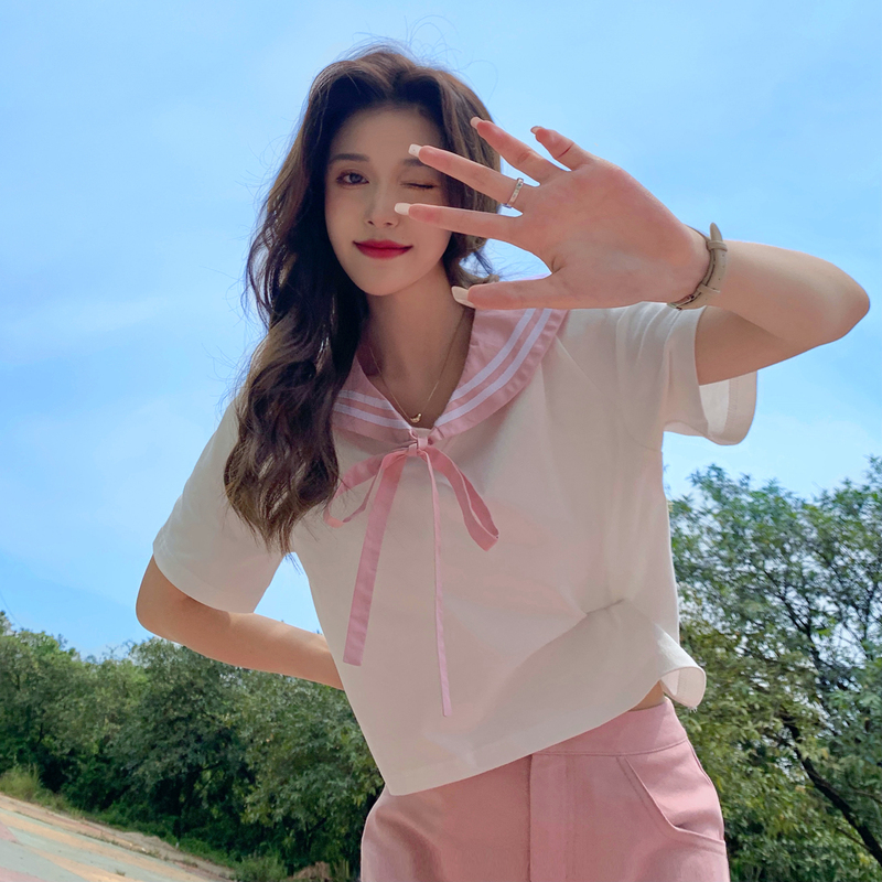 Real shooting and real price academy style Navy collar sweet short sleeve T-shirt women's niche design chic JK top