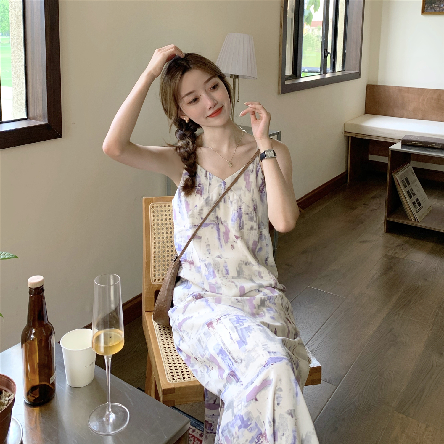 Real shot real shot ~ tie dyed suspender dress women's French V-neck split show thin paper man Chiffon Dress