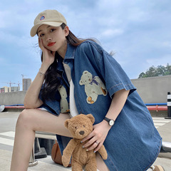 Real price ~ loose cub 3D embroidery Denim Short Sleeve Shirt fashionable half sleeve shirt coat summer