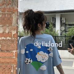 Real price love blue sky and white clouds three dimensional foam printing short sleeve T-shirt loose round neck top fashion
