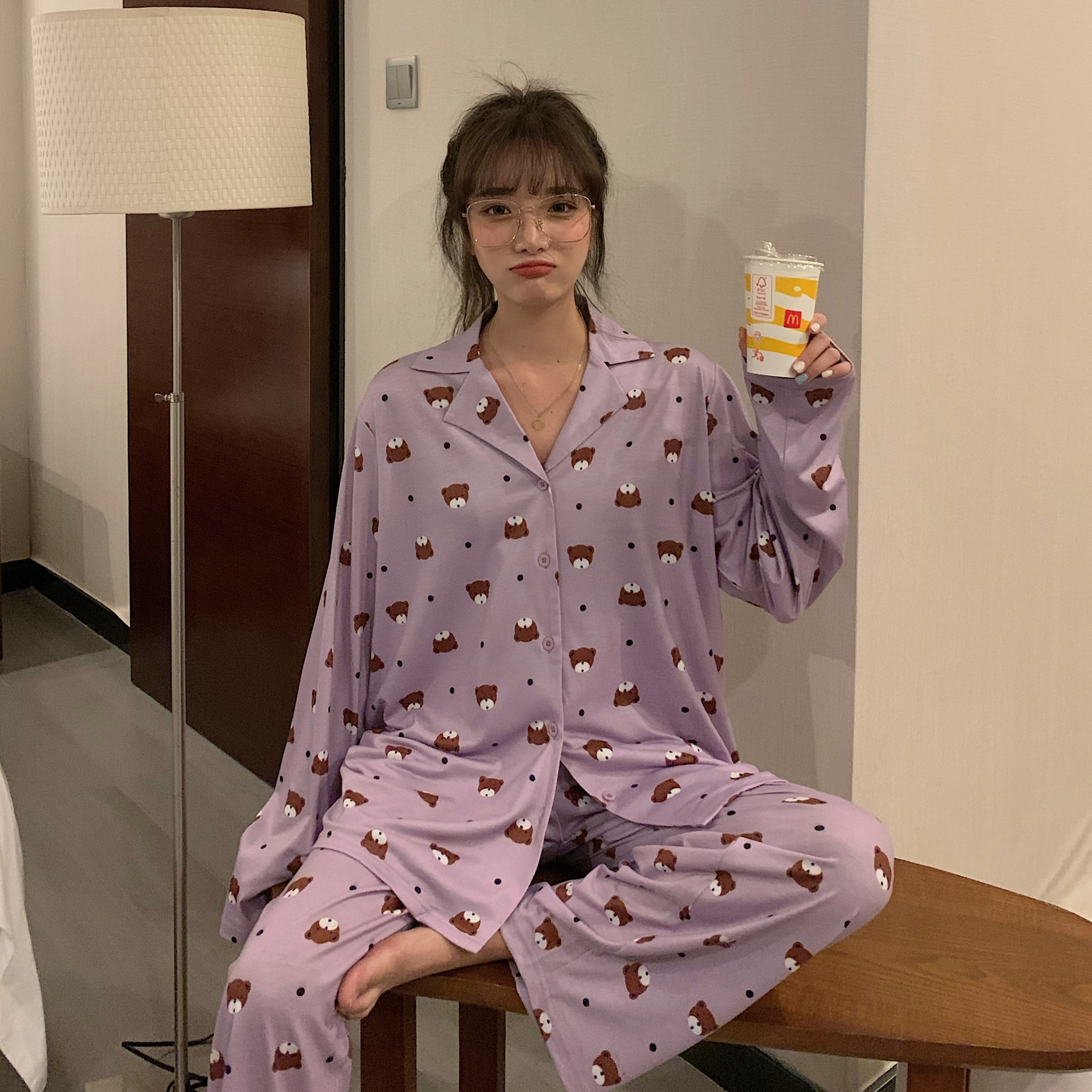 Real price ~ girl cartoon bear print loose long sleeve pajamas set home clothes two sets