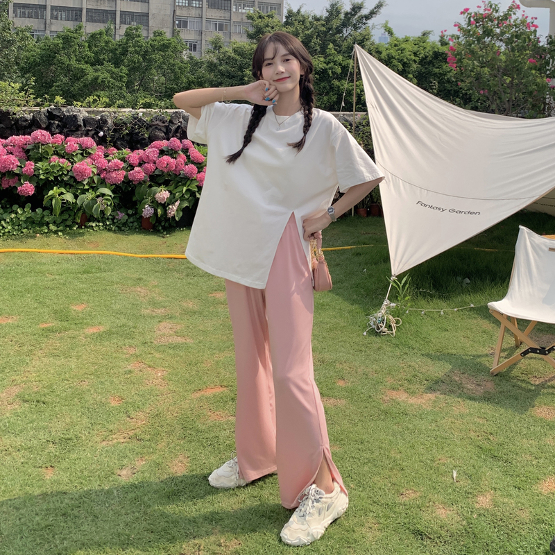 Real price drop feeling split ice cool casual pants + loose and versatile solid split short sleeve T-shirt