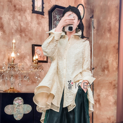 艾翕甄选法式洋气拼纱提花白色衬衫女款春季新款独特好看长袖衬衣