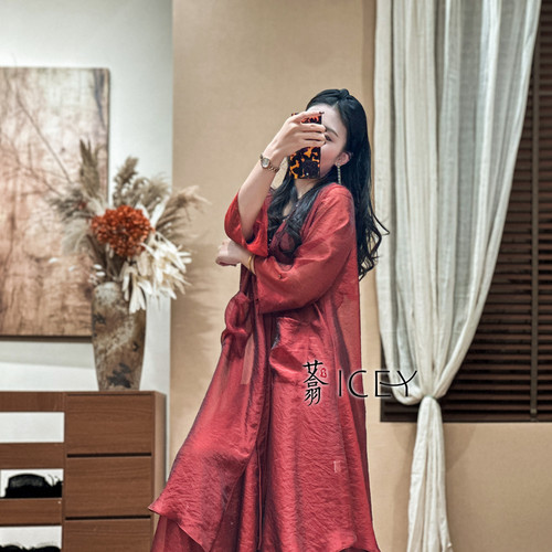 艾翕甄选纯色系带薄款长款风衣外套女春夏季2026新款流行好看上衣