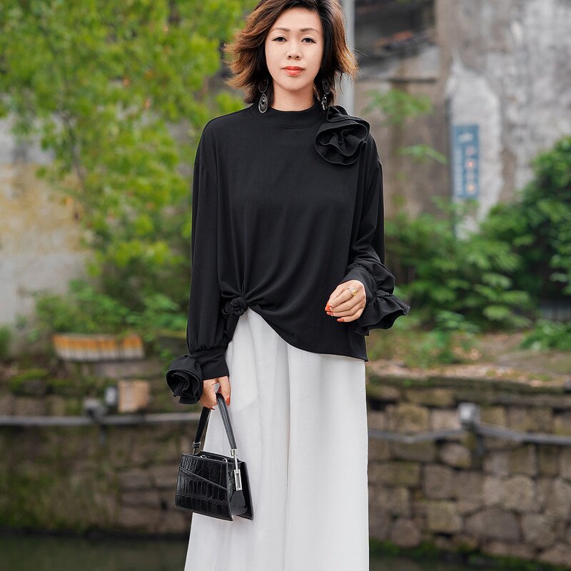 人弗缘甄选秋季新款休闲套头t恤中年妈妈宽松气质黑色百搭上衣女