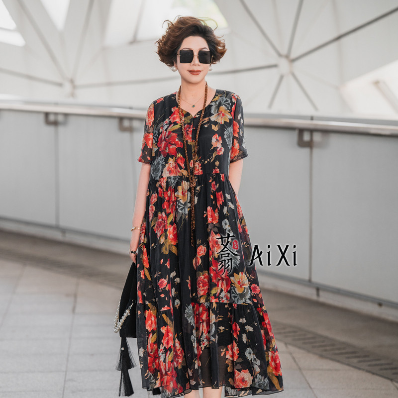 艾翕甄选黑花色印花短袖连衣裙女夏季新款气质好看宽松连身长裙子