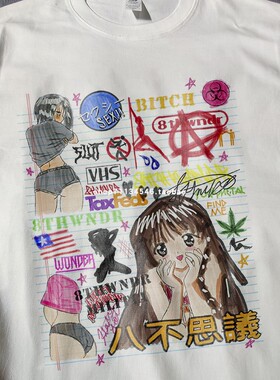 VINTAGE日系复古性感卡通摇滚图案动漫二次元漫展宽松男女短袖T恤