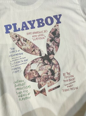 vintage美式复古PLAY花公子短袖T恤夏白色美国圆领印花短袖T恤男