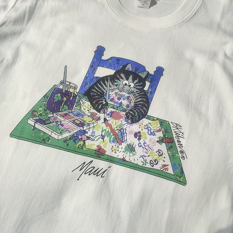 美式复古青少年画画猫咪印花短袖T恤小猫卡通猫图案男女T恤学校潮