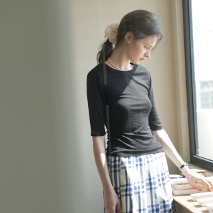 中袖 内搭打底衫 t恤女夏季 五分袖 上衣 款 软糯天丝羊毛高弹圆领修身