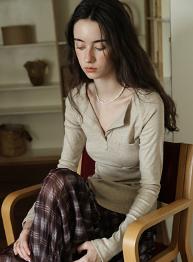 春也白 亨利领针织长袖T恤女春新款慵懒风简约纯色内搭打底衫上衣