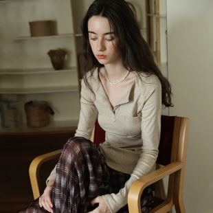 春也白 亨利领针织长袖T恤女春新款慵懒风简约纯色内搭打底衫上衣