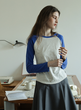 春也白 圆领撞色拼接长袖T恤女春日常百搭插肩袖显瘦修身内搭上衣