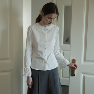 喇叭袖 春也白娃娃领气质法式 内搭叠穿上衣 新款 女春季 白色长袖 衬衫