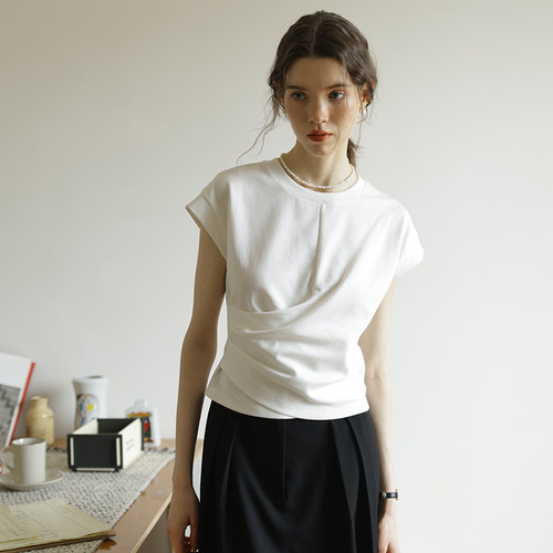 小众设计感收腰显瘦圆领短袖T恤女夏款正肩修身显瘦百搭气质上衣