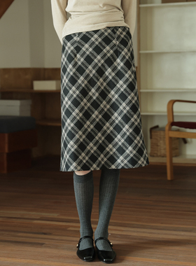 春也白 羊毛粗花呢格纹半身裙女气质百搭中裙时髦MIU风毛呢裙子冬