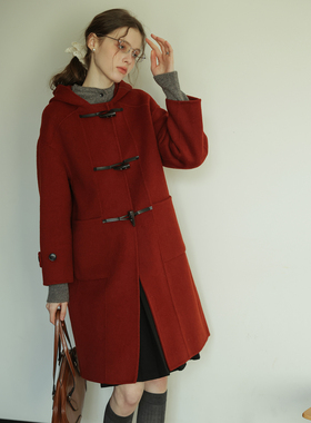 全羊毛显白复古红色牛角扣连帽毛呢外套女冬款小个子双面呢子大衣