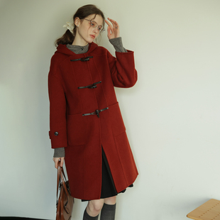 全羊毛显白复古红色牛角扣连帽毛呢外套女冬款小个子双面呢子大衣