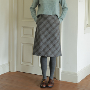 知识风子miu风复古高腰直筒裙女秋冬新款百搭羊毛格纹休闲半身裙