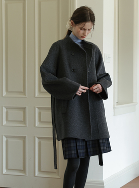 春也白 全羊毛双排扣立领双面呢大衣女秋冬新款气质设计感外套