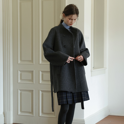 春也白 全羊毛双排扣立领双面呢大衣女秋冬新款气质设计感外套