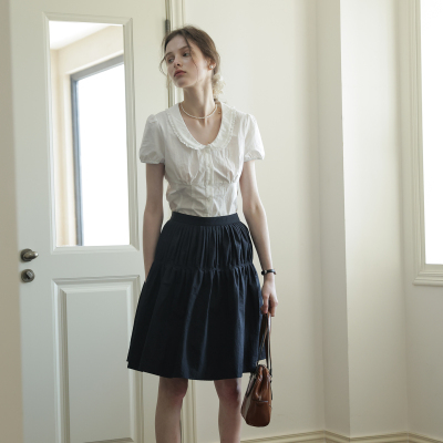 春也白法式甜美复古娃娃领蕾丝花边短袖衬衫女夏收腰百搭显瘦上衣