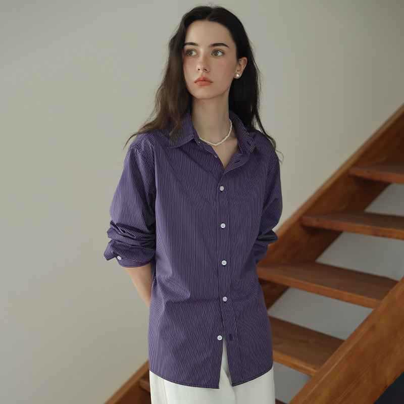 法式紫色条纹衬衫女春季新款宽松长袖衬衣设计感通勤叠穿别致上衣