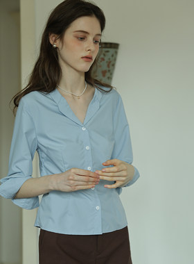 好打理抗皱法式气质收腰显瘦蓝衬衣女纯欲风衬衫韩版百搭休闲上衣