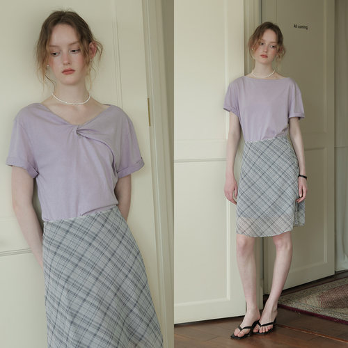 春也白 雪花棉微落肩V领扭结前后两穿短袖T恤女