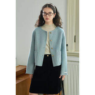 春也白法式baby蓝两面穿短款羊毛双面呢大衣秋冬款小个子宽松外套