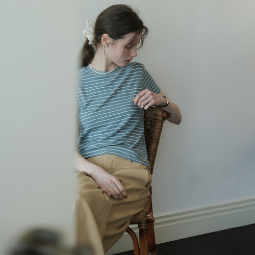 春也白 复古圆领松弛感莱赛尔条纹短袖T恤女夏款百搭显瘦正肩上衣