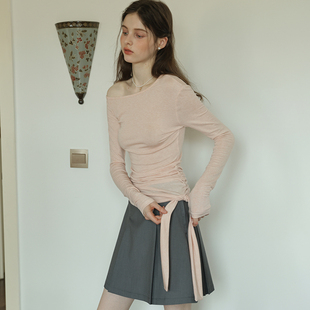 纯欲风天丝羊毛长袖 褶皱显瘦设计感上衣 T恤女慵懒风斜肩绑带修身