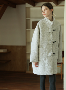 法式复古浅灰色气质百搭立领外套学院风中长款牛角扣毛呢大衣