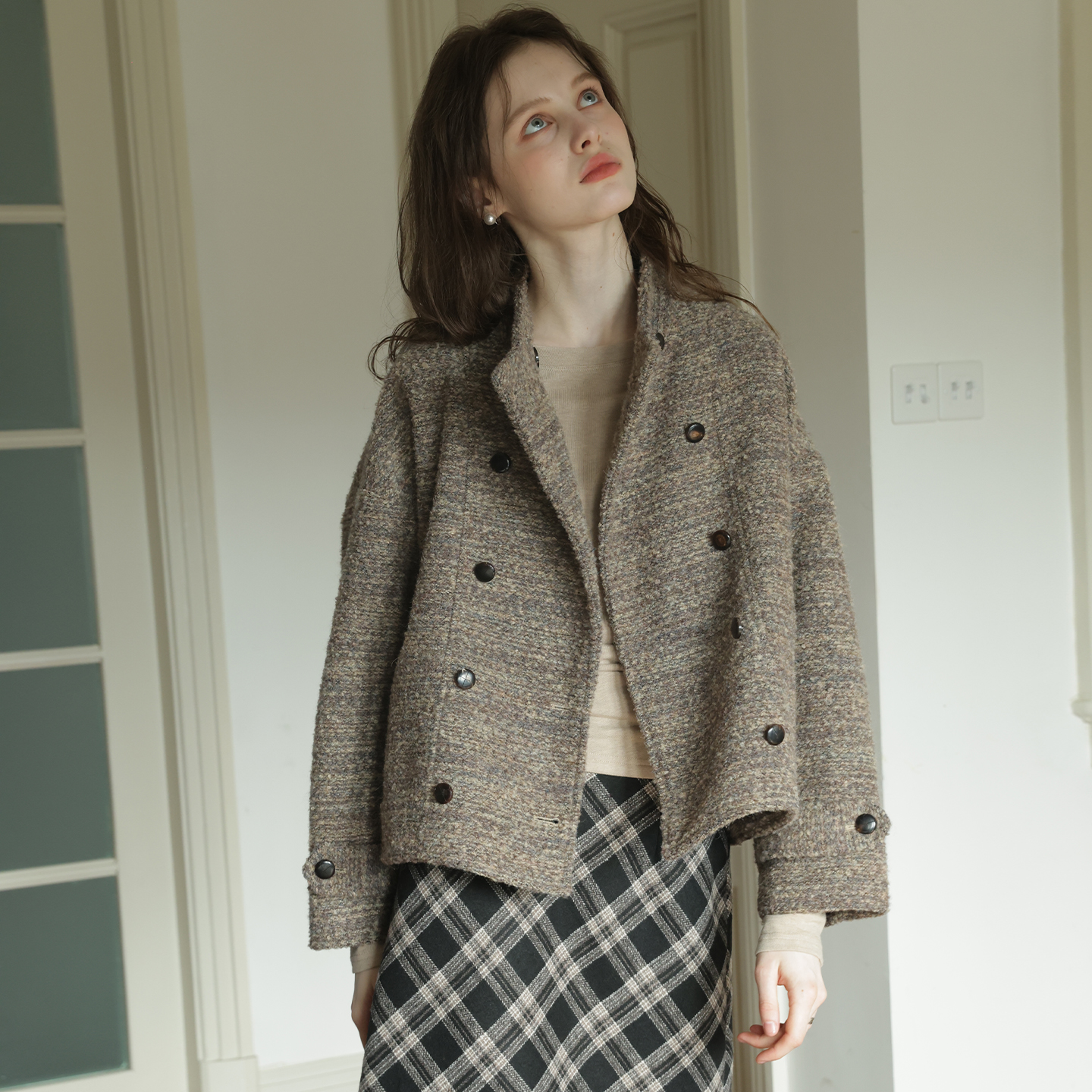 复古花咖色柔软圈圈呢短款廓形大衣女气质通勤百搭羊毛呢子外套冬